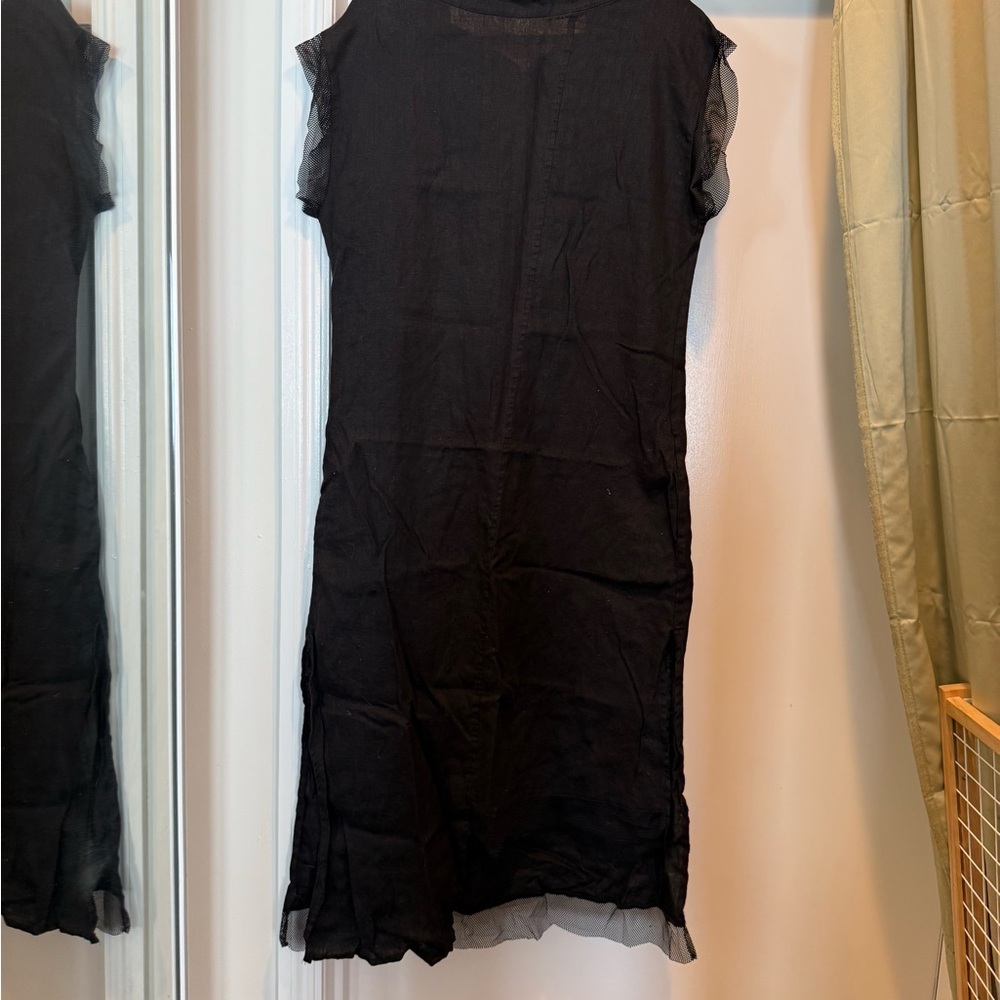 Stylish Metamorphoza Black Asymmetrical Linen Dress with Mesh Trim